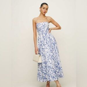 Reformation Monette Linen Blue and White Midi Dress for Spring/Summer Events